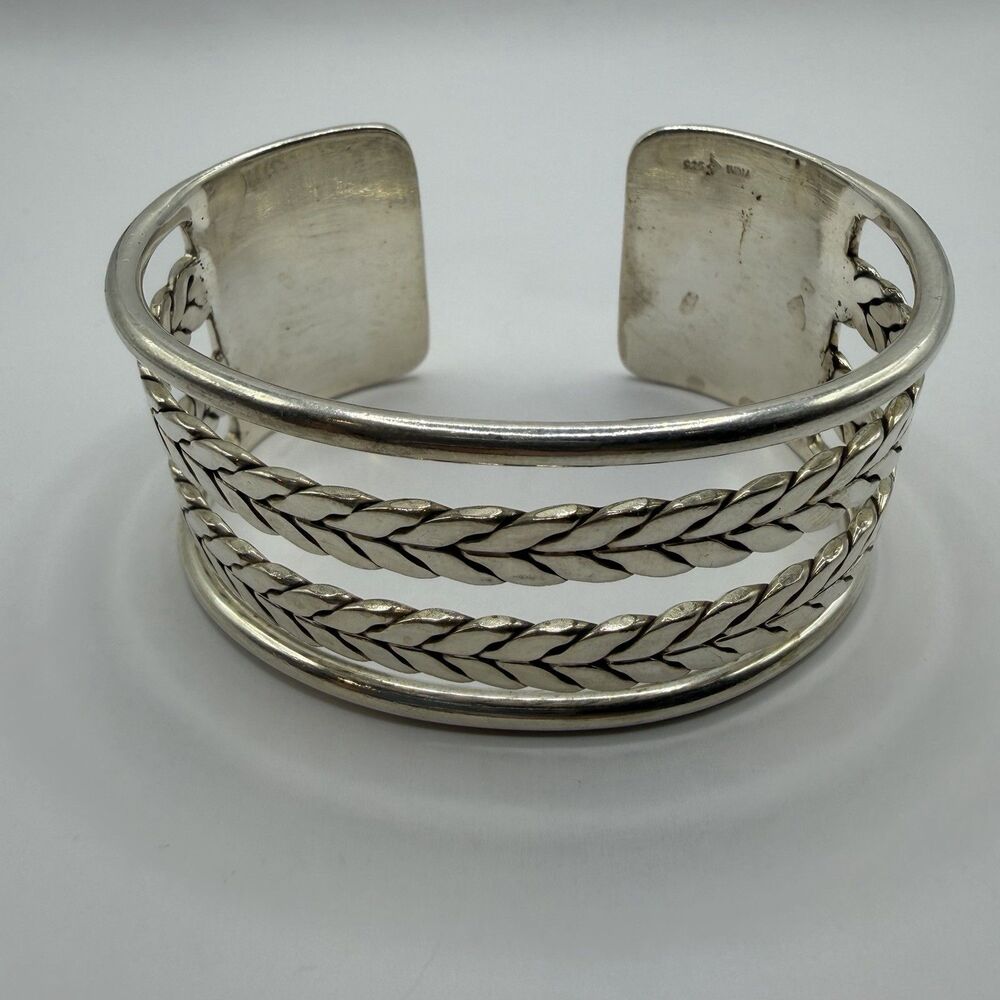 Heavy Vintage India 925 Sterling Silver Braided Wide Cuff Bracelet 69g 7.5"